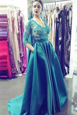 A-Line V-Neck Lace Appliques 3/4 Length Sleeves Mother of The Bride Formal Evening Dresses 3021024
