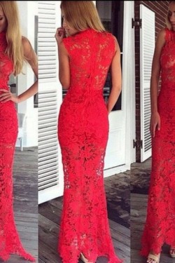 Mermaid Long Red Lace Prom Formal Evening Party Dresses 3021028