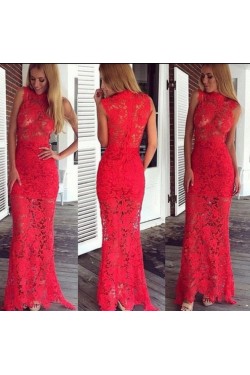 Mermaid Long Red Lace Prom Formal Evening Party Dresses 3021028