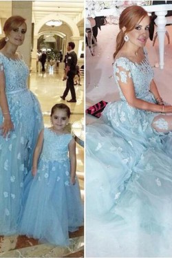 Long Blue Tulle Ball Gown Lace Prom Formal Evening Party Dresses 3021029