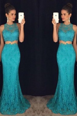 Trumpet/Mermaid Two Pieces Long Blue Lace Prom Evening Formal Dresses 3020103