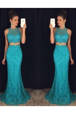 Trumpet/Mermaid Two Pieces Long Blue Lace Prom Evening Formal Dresses 3020103