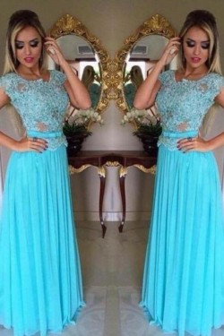 Long Blue Lace Appliques and Chiffon Prom Formal Evening Party Dresses 3021030