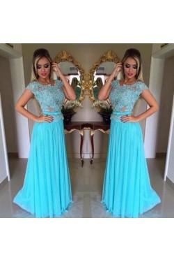 Long Blue Lace Appliques and Chiffon Prom Formal Evening Party Dresses 3021030