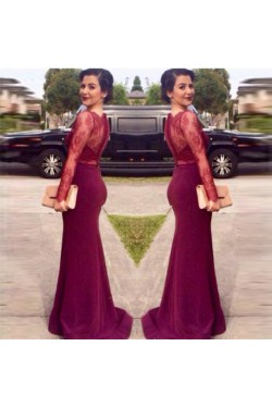 Trumpet/Mermaid Long Sleeves Red Lace Prom Evening Formal Dresses 3020104