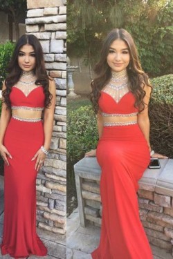 Beaded Long Red Two Pieces Prom Formal Evening Party Dresses 3021040