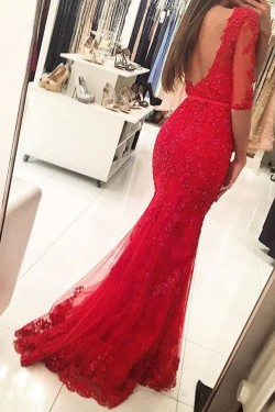 Long Red Beaded Lace Mermaid Prom Formal Evening Party Dresses 3021050