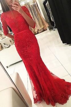 Long Red Beaded Lace Mermaid Prom Formal Evening Party Dresses 3021050
