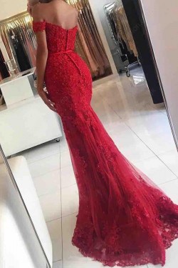 Long Red Beaded Lace Off-the-Shoulder Mermaid Prom Formal Evening Party Dresses 3021051