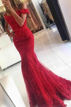 Long Red Beaded Lace Off-the-Shoulder Mermaid Prom Formal Evening Party Dresses 3021051