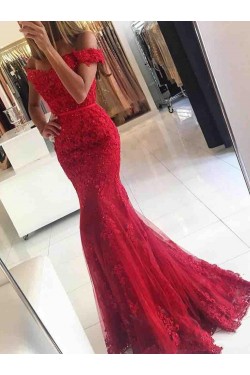 Long Red Beaded Lace Off-the-Shoulder Mermaid Prom Formal Evening Party Dresses 3021051