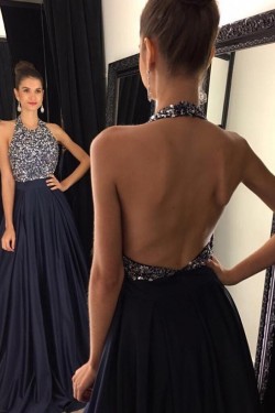 Beaded Halter Long Navy Blue Prom Formal Evening Party Dresses 3021052