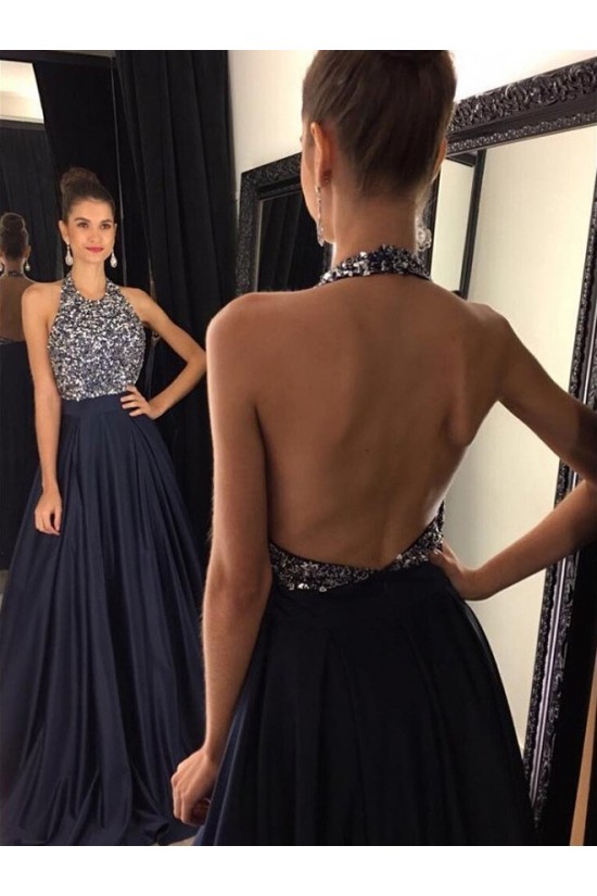 Beaded Halter Long Navy Blue Prom Formal Evening Party Dresses 3021052