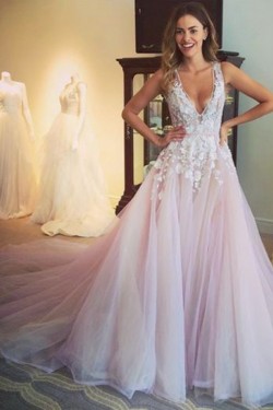 Elegant Lace V-Neck Long Prom Formal Evening Party Dresses 3021054