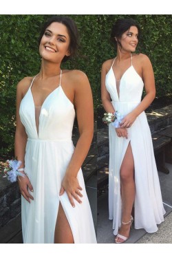 Long White V-Neck Side Slit Long Prom Formal Evening Party Dresses 3021057