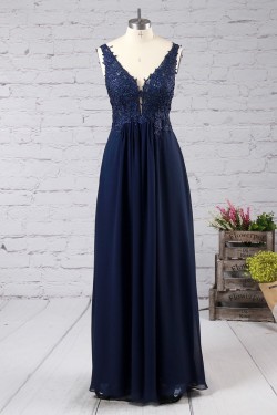 Long Navy Blue Lace Appliques Chiffon Prom Formal Evening Party Dresses 3021059