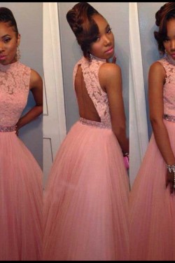 Beaded High Neck Lace Tulle Long Pink Prom Evening Formal Dresses 3020106