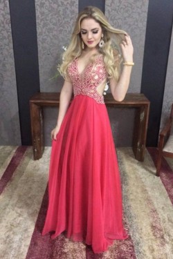Long Red V-Neck Prom Formal Evening Party Dresses 3021066