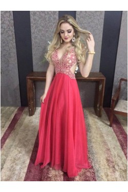 Long Red V-Neck Prom Formal Evening Party Dresses 3021066