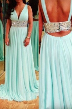 Beaded V-Neck Chiffon Long Prom Formal Evening Party Dresses 3021070