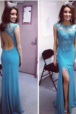 Long Blue Open Back Lace Appliques Prom Formal Evening Party Dresses 3021072