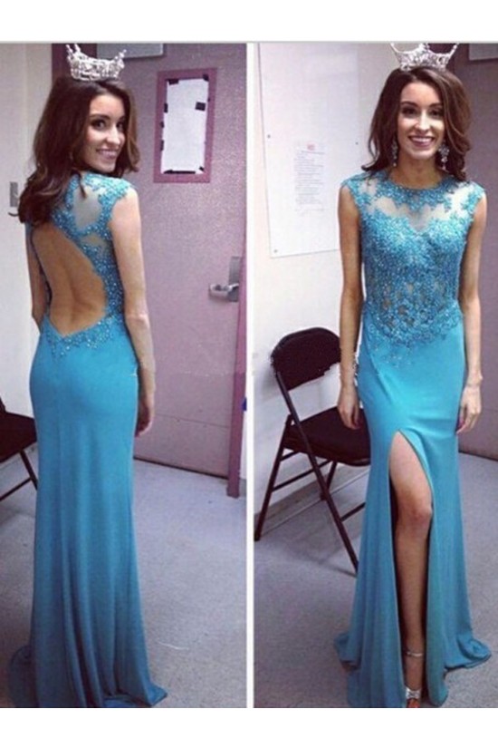 Long Blue Open Back Lace Appliques Prom Formal Evening Party Dresses 3021072