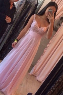 Long Pink Lace Appliques Chiffon Prom Formal Evening Party Dresses 3021074