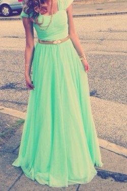 Cap-Sleeves Long Green Chiffon Prom Evening Formal Dresses 3020108