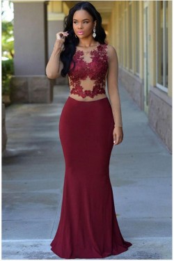 Mermaid Burgundy Lace Long Prom Formal Evening Party Dresses 3021083
