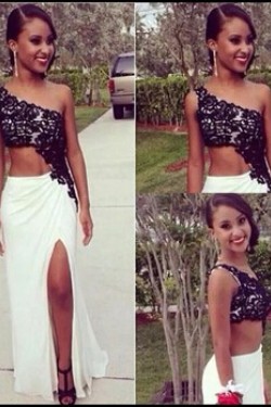 Black Lace White One-Shoulder Long Prom Formal Evening Party Dresses 3021089