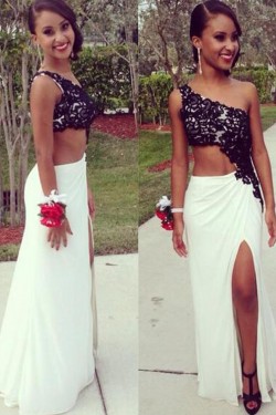 Black Lace White One-Shoulder Long Prom Formal Evening Party Dresses 3021089