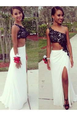 Black Lace White One-Shoulder Long Prom Formal Evening Party Dresses 3021089