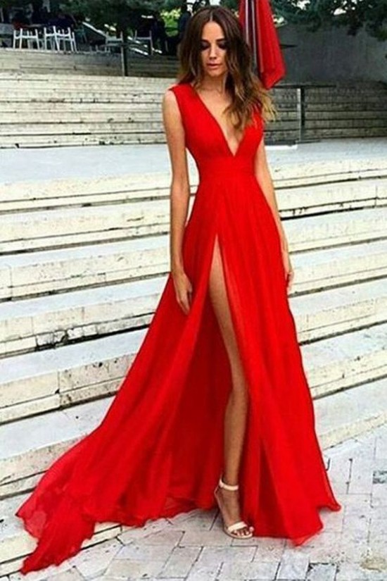 Long Red Deep V-Neck Prom Formal Evening Party Dresses 3021096