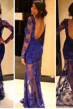 Long Sleeves Low V-Back See Through Royal Blue Lace Appliques Prom Evening Formal Dresses 3020110