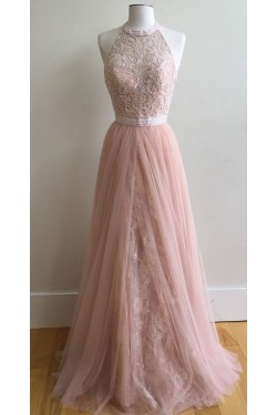 Long Pink Halter Lace Prom Formal Evening Party Dresses 3021100