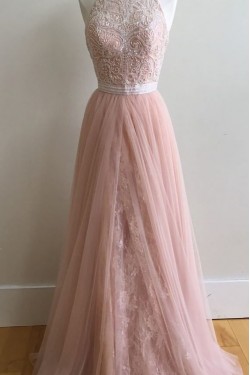 Long Pink Halter Lace Prom Formal Evening Party Dresses 3021100