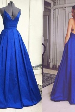 Long Blue Spaghetti Straps V-Neck Prom Formal Evening Party Dresses 3021102