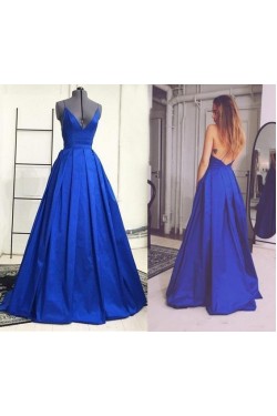 Long Blue Spaghetti Straps V-Neck Prom Formal Evening Party Dresses 3021102