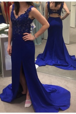 Long Blue Lace Appliques Prom Formal Evening Party Dresses 3021109