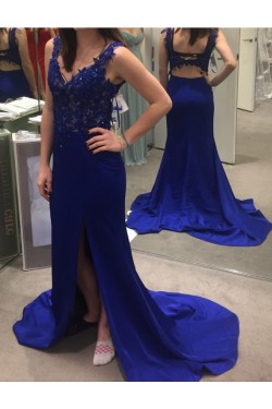 Long Blue Lace Appliques Prom Formal Evening Party Dresses 3021109