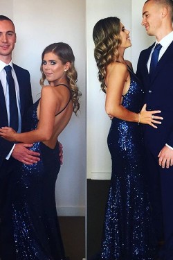 Long Blue Mermaid Sequins V-Neck Prom Formal Evening Party Dresses 3021111