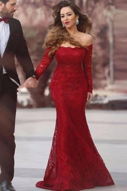 Long Sleeves Mermaid Off-the-Shoulder Lace Prom Formal Evening Party Dresses 3021112