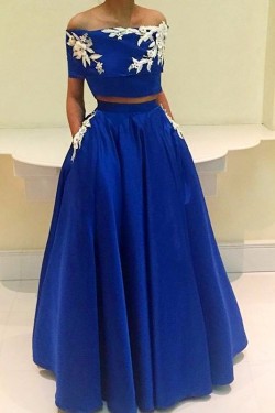 Two Pieces Off-the-Shoulder Long Blue Prom Formal Evening Party Dresses 3021119