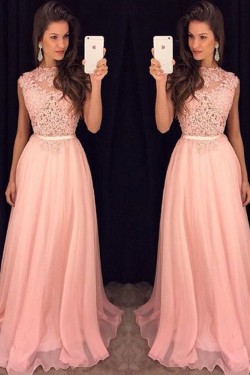 A-Line Long Pink Lace Chiffon Prom Evening Formal Dresses 3020112