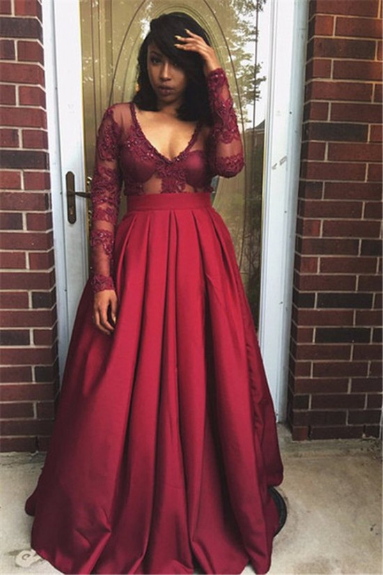 Long Sleeves V-Neck Lace Long Prom Formal Evening Party Dresses 3021120