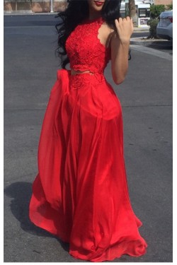 Two Pieces Lace Long Red Prom Formal Evening Party Dresses 3021124
