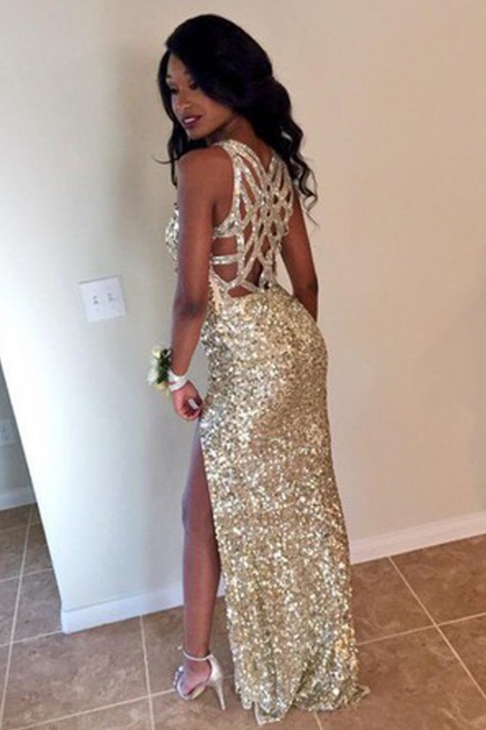 Sexy Gold Sequins V-Neck Long Prom Formal Evening Party Dresses 3021127
