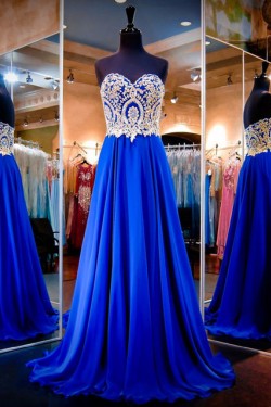 A-Line Sweetheart Gold Royal Blue Long Prom Evening Formal Dresses 3020113