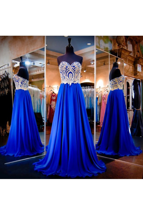 A-Line Sweetheart Gold Royal Blue Long Prom Evening Formal Dresses 3020113