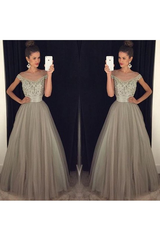 Beaded Off-the-Shoulder Tulle Ball Gown Prom Formal Evening Party Dresses 3021136